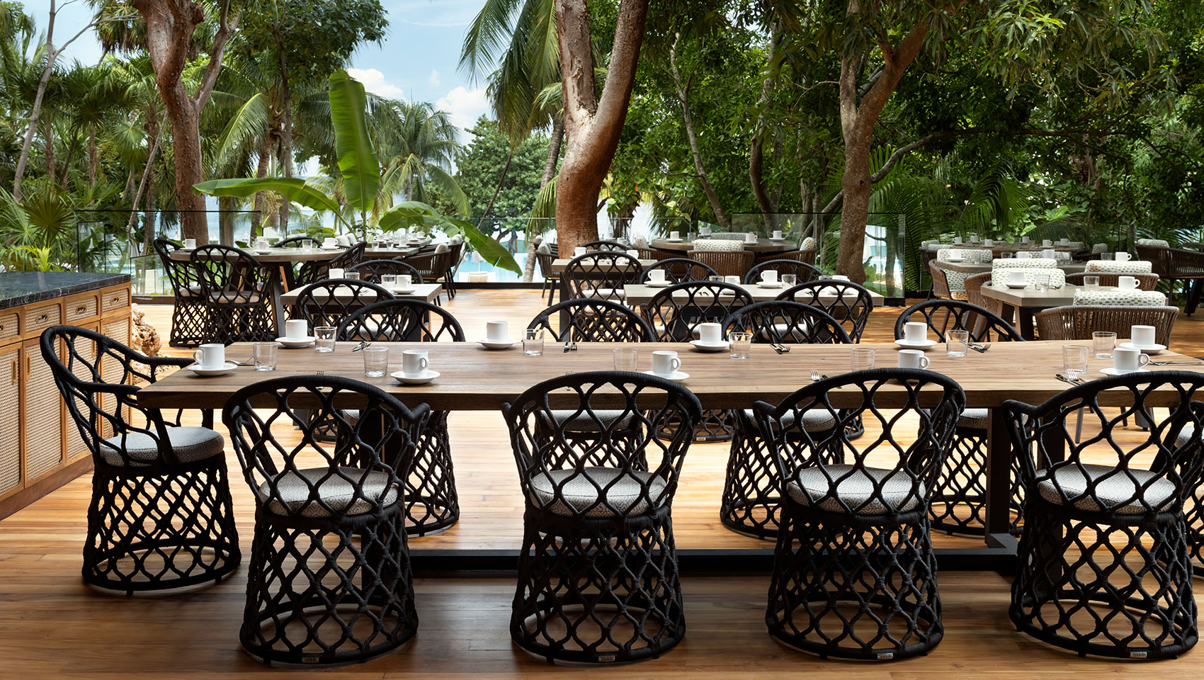 Alera patio dining with jungle and ocean view