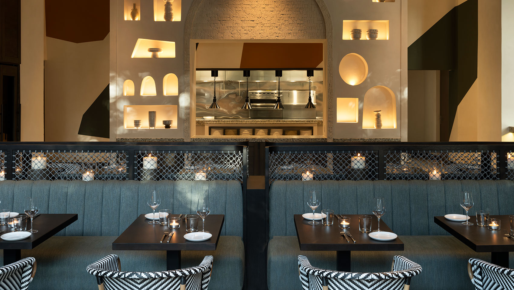 Image of Alera Bar with backlit geometric shelving