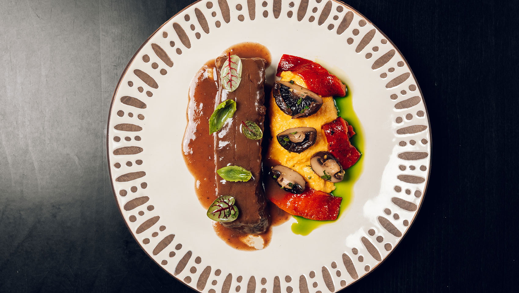 Aerial of colorful meal in Grand Roatan
