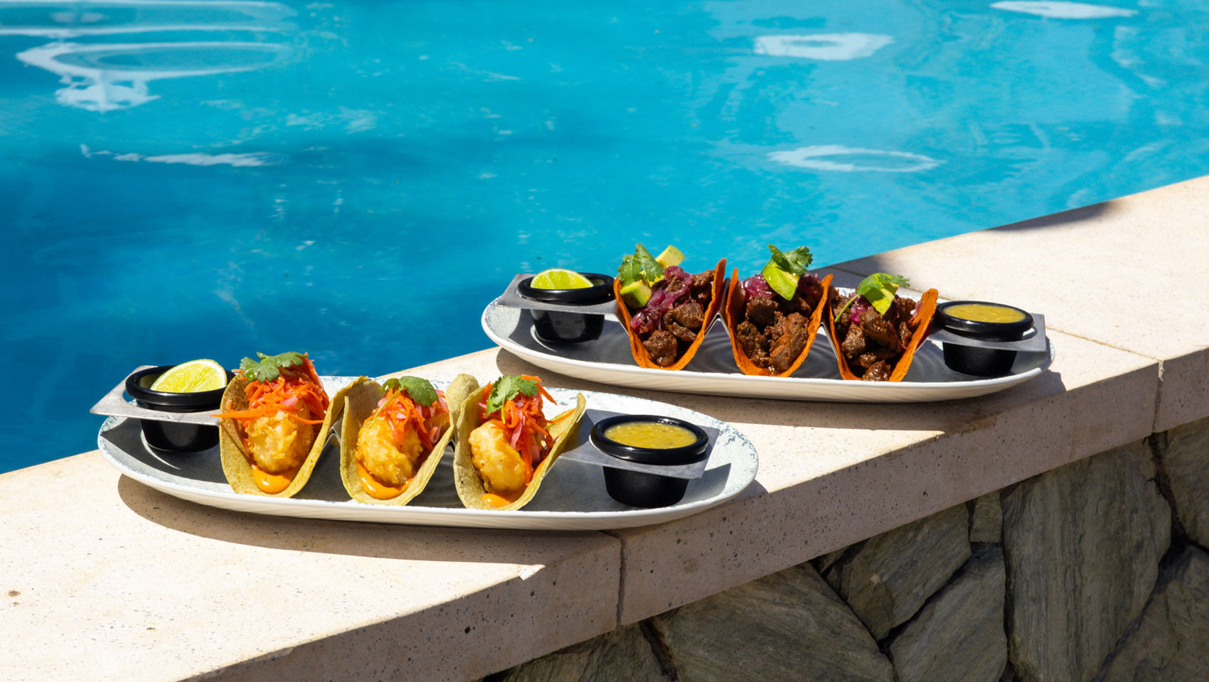 Sea Cat tacos in front of pool