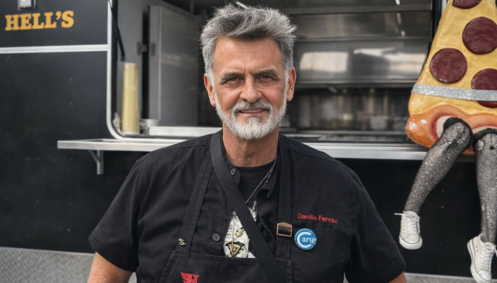 Chef Danilo Ferraz in front of a food truck