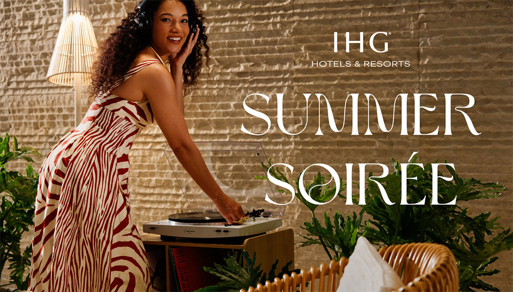 IHG Summer Soirée Flyer with woman standing over a turntable and looking towards camera
